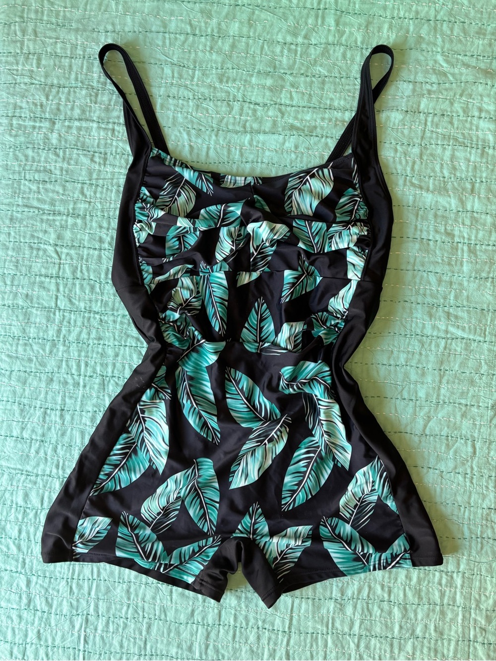 Botanical One-Piece Black and Teal Swimsuit with Shorty Bottom Size 18